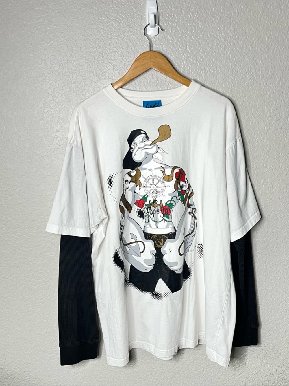 Popeye Graphic TShirt Layered Long Sleeve White Black XXL Streetwear Cartoon Tee